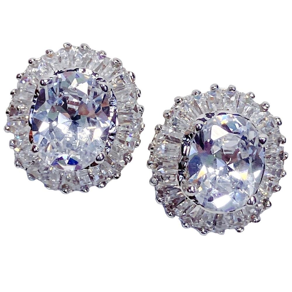 Signed NM Neiman Marcus CZ Halo Clip On Earrings Silver Tone Formal Evening